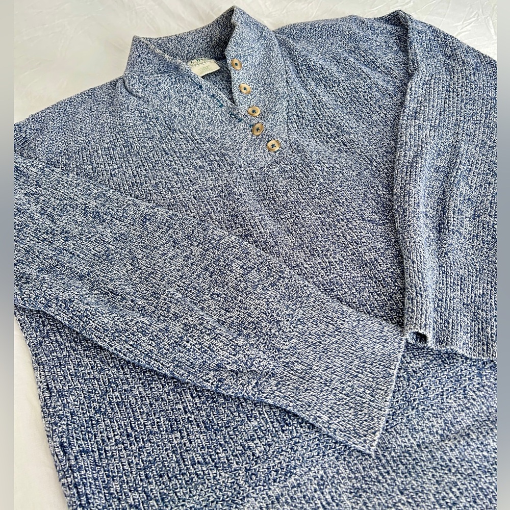 L.L. Bean | Vintage 100% Cotton Marled Blue Henley Sweater | Size L